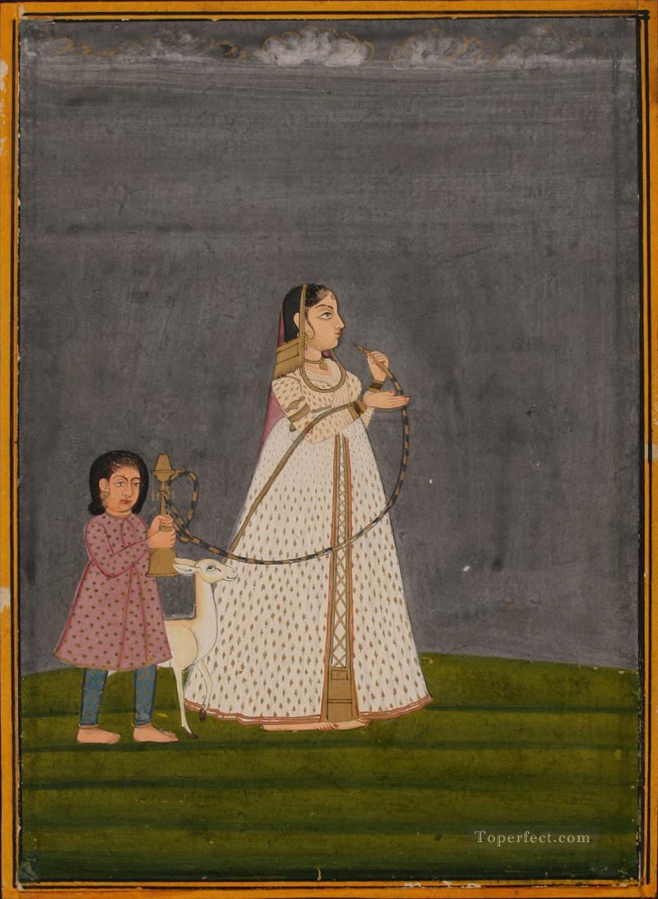 子供に抱かれるフッカを持つ女性 1800 年 インド油絵